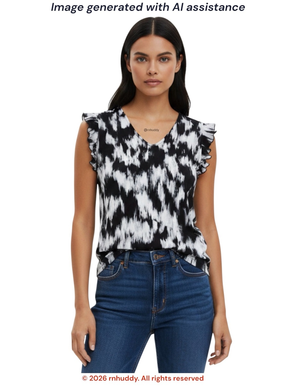 Calvin Klein L black white ruffle sleeve blouse